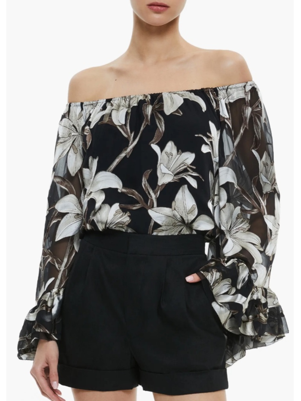 Alice + Olivia Ardelia Floral Burnout Chiffon Off the Shoulder Top